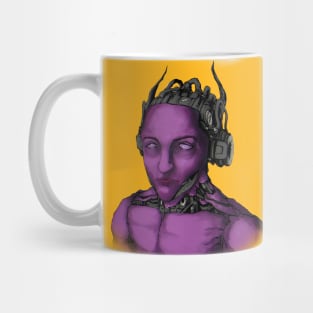 Robot man with a tired look looks into the distance and thinks about freedom and uniqueness Mug